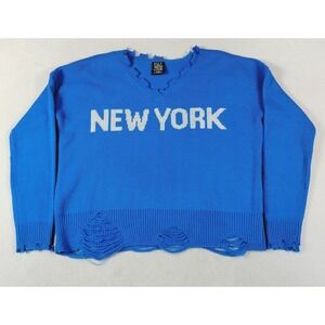 FCT With Love Sweater Womens Large Blue New York Graphic Distressed Hem Knit